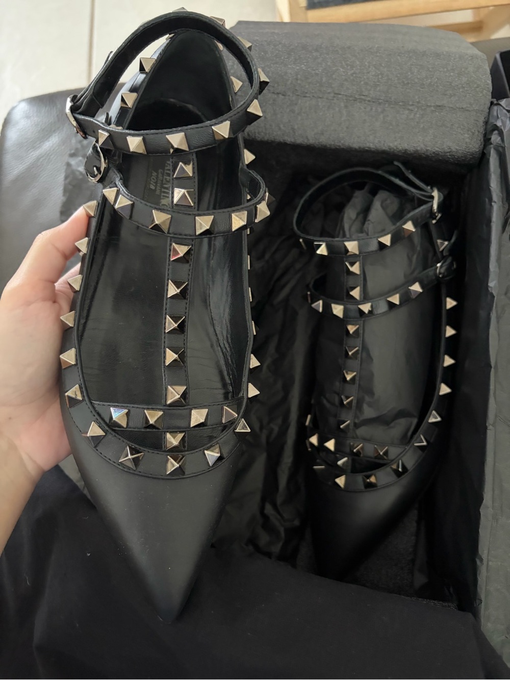 Valentino Garavani Black Pyramid-Stud Pointed-Toe Flats
